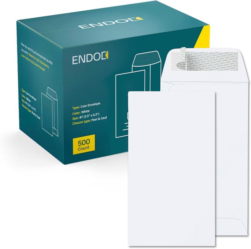 EnDoc #7 Money Envelopes for Cash - 500 Pack - White Coin Envelopes Self Seal - Cash Envelopes Peel & Seal - Small Envelopes for Money, Credit Cards, Gift Cards, Storage, Small Parts, Seeds - 28 lb Paper - Image 1